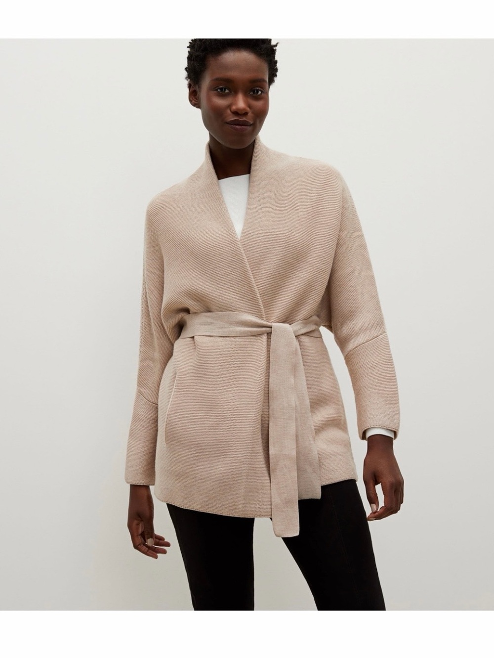 MM Lafleur 100% Wool Beige Belted Knit Cardigan